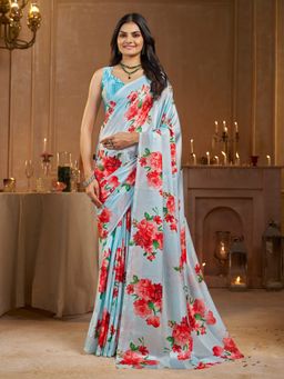 Garden VARELI - Striped Floral Printed Satin Blue Saree with Unstitched Blouse