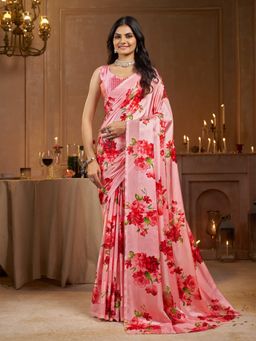 Garden VARELI - Striped Floral Printed Satin Pink Saree with Unstitched Blouse