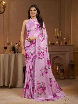 Garden VARELI - Striped Floral Printed Satin Purple Saree with Unstitched Blouse