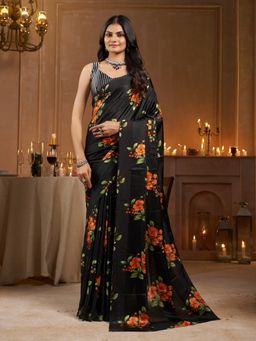 Garden VARELI - Striped Floral Printed Satin Black Saree with Unstitched Blouse