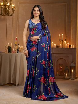 Garden VARELI - Striped Floral Printed Satin Blue Saree with Unstitched Blouse