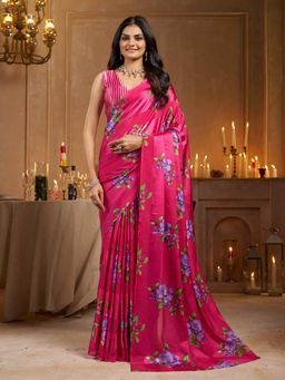 Garden VARELI - Striped Floral Printed Satin Pink Saree with Unstitched Blouse