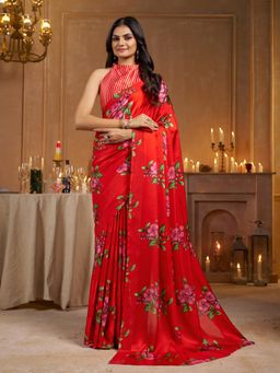 Garden VARELI - Striped Floral Printed Satin Red Saree with Unstitched Blouse