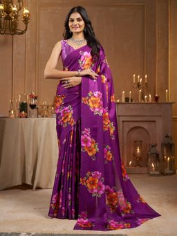 Garden VARELI - Striped Floral Printed Satin Purple Saree with Unstitched Blouse