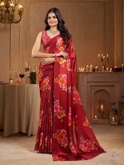 Garden VARELI - Striped Floral Printed Satin Red Saree with Unstitched Blouse