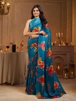 Garden VARELI - Striped Floral Printed Satin Teal Saree with Unstitched Blouse