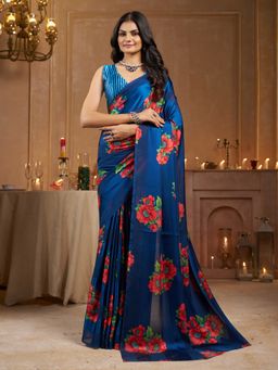 Garden VARELI - Striped Floral Printed Satin Blue Saree with Unstitched Blouse