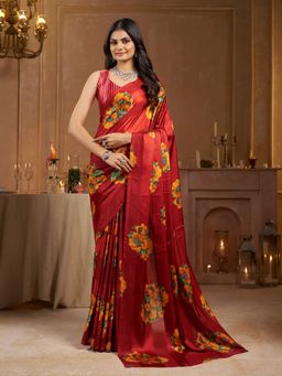 Garden VARELI - Striped Floral Printed Satin Red Saree with Unstitched Blouse