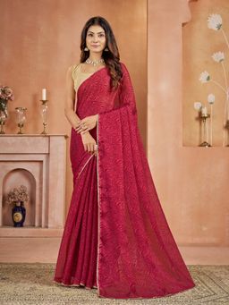 Garden VARELI - Chiffon Bandhani Print Maroon Saree with Unstitched Blouse