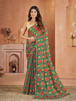 Garden VARELI - Chiffon Bandhani Print Green Saree with Unstitched Blouse