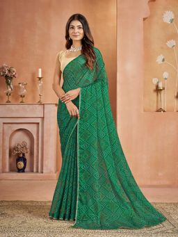 Garden VARELI - Chiffon Bandhani Print Green Saree with Unstitched Blouse