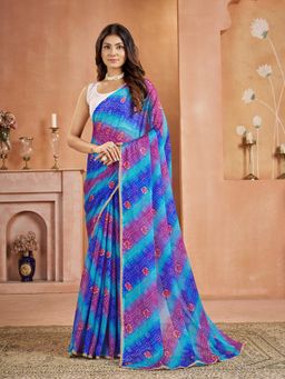 Garden VARELI - Chiffon Bandhani Print Blue Saree with Unstitched Blouse