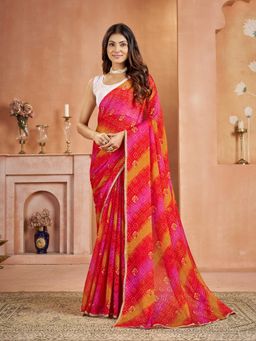 Garden VARELI - Chiffon Bandhani Print Red Saree with Unstitched Blouse