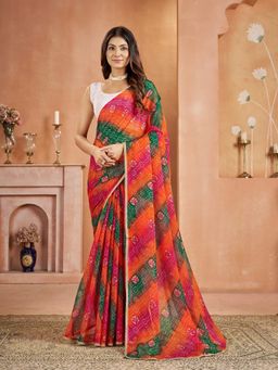 Garden VARELI - Chiffon Bandhani Print Orange Saree with Unstitched Blouse