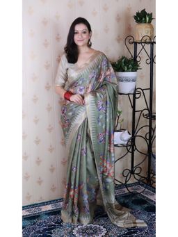 ELITE WEAVES - Soft Tussar Silk Nature Printed Zari Woven Green Saree with Unstitched Blouse