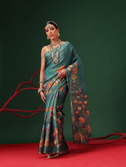 Silk Land - Cotton Silk Finish Printed Teal Saree with Unstitched Blouse