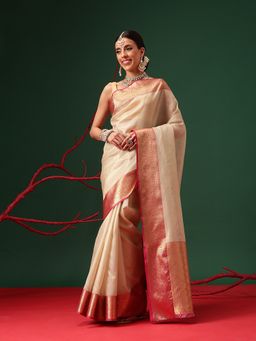 Silk Land - Banarasi Soft Crushed Tissue Silk Beige Saree with Unstitched Blouse