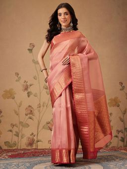 Silk Land - Banarasi Soft Crushed Tissue Silk Pink Saree with Unstitched Blouse