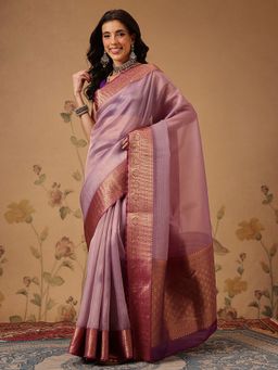 Silk Land - Banarasi Soft Crushed Tissue Silk Purple Saree with Unstitched Blouse