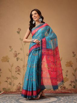 Silk Land - Paithani Cotton Blend Blue Saree with Unstitched Blouse