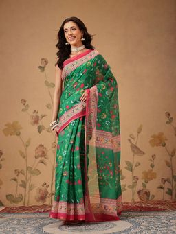 Silk Land - Everyday Paithani Cotton Blend Green Saree with Unstitched Blouse