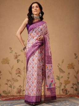 Silk Land - Contemporary Paithani Cotton Blend Lavender Saree with Unstitched Blouse