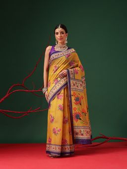 Silk Land - Paithani Cotton Blend Mustard Saree with Unstitched Blouse