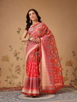 Silk Land - Trendy Paithani Printed Cotton Blend Red Saree with Unstitched Blouse
