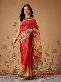 Silk Land - Floral Paithani Printed Cotton Blend Red Saree with Unstitched Blouse
