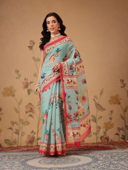 Silk Land - Elegant Paithani Printed Cotton Blend Teal Saree with Unstitched Blouse