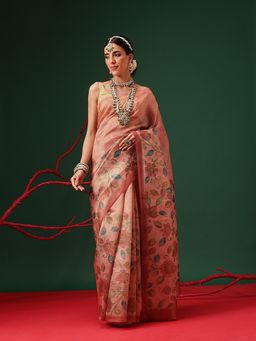 Silk Land - Lightweight Crush Tissue Peach Saree with Unstitched Blouse