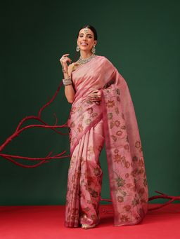 Silk Land - Textured Crush Tissue Pink Saree with Unstitched Blouse