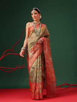 Silk Land - Natural Tone Crush Tissue Olive Saree with Unstitched Blouse