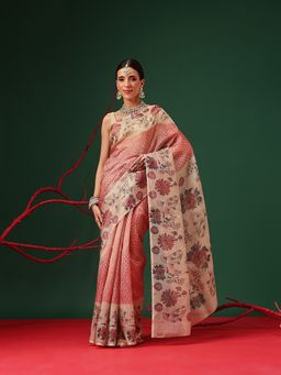 Silk Land - Soft Crush Tissue Red Saree with Unstitched Blouse