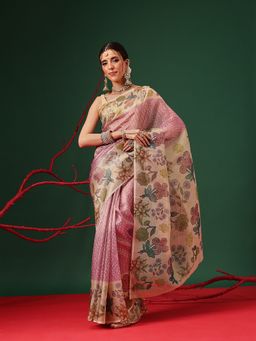 Silk Land - Lightweight Crush Tissue Purple Saree with Unstitched Blouse