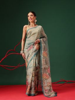 Silk Land - Soft Crush Tissue Teal Saree with Unstitched Blouse
