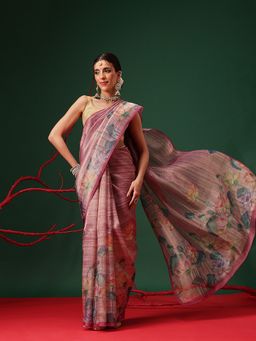 Silk Land - Natural Tone Crush Tissue Purple Saree with Unstitched Blouse