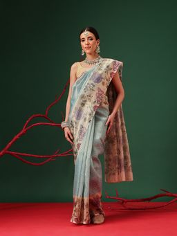 Silk Land - Lightweight Crush Tissue Teal Saree with Unstitched Blouse