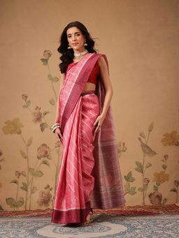 Silk Land - Digital Printed Tusser Silk Pink Saree with Unstitched Blouse