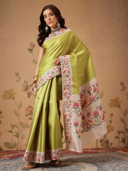 Silk Land - Digital Printed Tusser Silk Olive Saree with Unstitched Blouse