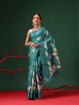 Silk Land - Digital Printed Tusser Silk Teal Saree with Unstitched Blouse