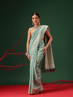 Silk Land - Dhakai Cotton Jamdani Teal Saree with Unstitched Blouse