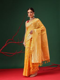 Silk Land - Dhakai Cotton Jamdani Yellow Saree with Unstitched Blouse