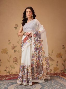 Silk Land - Chanderi Kalamkari Printed White Saree with Unstitched Blouse