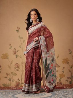 Silk Land - Bandhani Printed Chanderi Maroon Saree with Unstitched Blouse