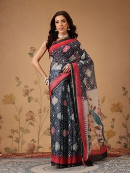 Silk Land - Bandhani Printed Chanderi Grey Saree with Unstitched Blouse