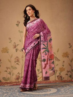 Silk Land - Bandhani Printed Chanderi Purple Saree with Unstitched Blouse