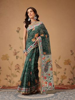 Silk Land - Bandhani Printed Chanderi Green Saree with Unstitched Blouse