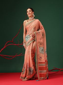 Silk Land - Floral Printed Chanderi Pre-Draped Peach Saree with Unstitched Blouse