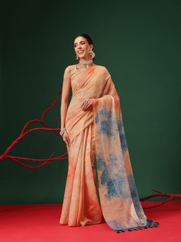 Silk Land - Tie- Die Printed Organza Pre- Draped Orange Saree with Unstitched Blouse
